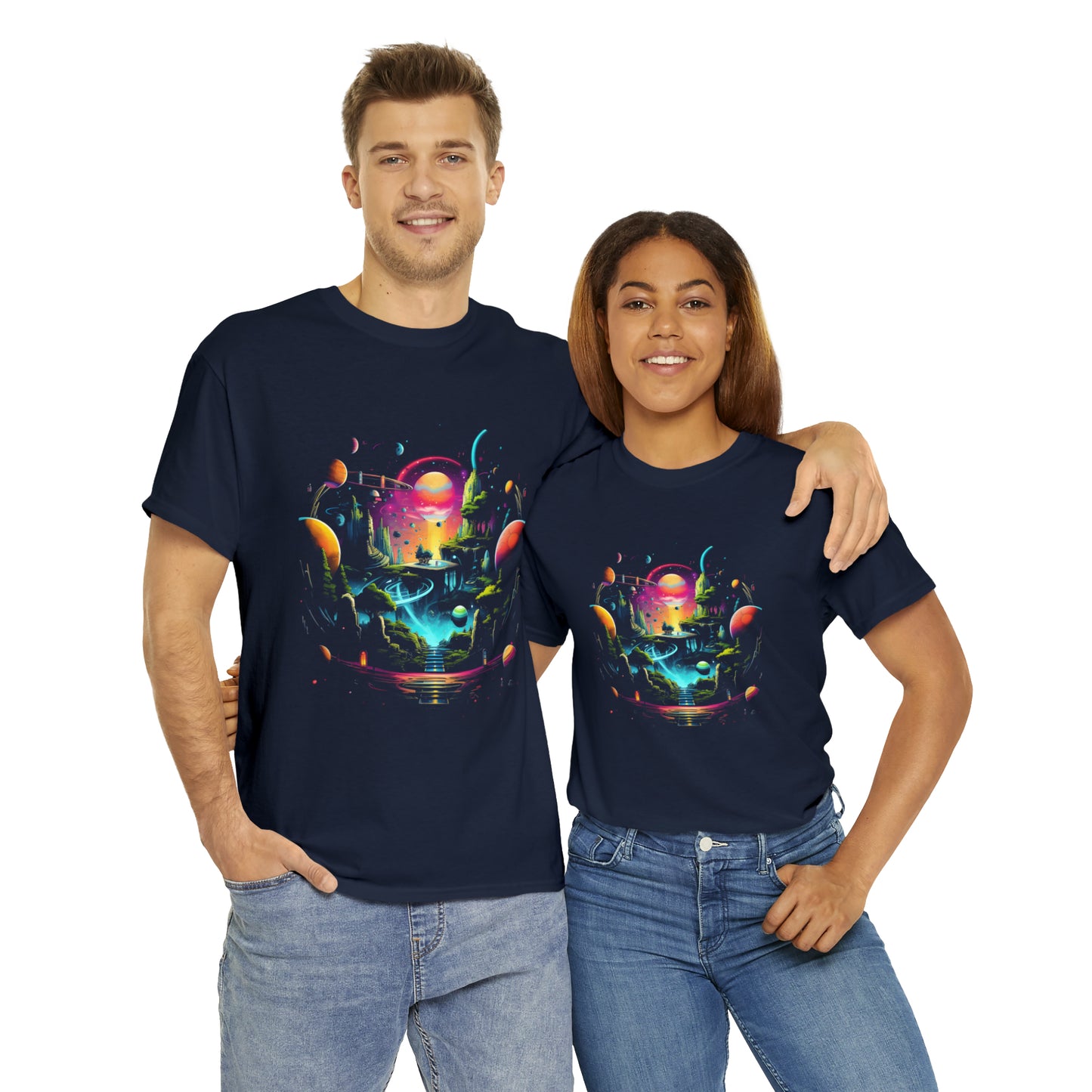 Alien Planets custom navy T-Shirt man and woman wearing shirt