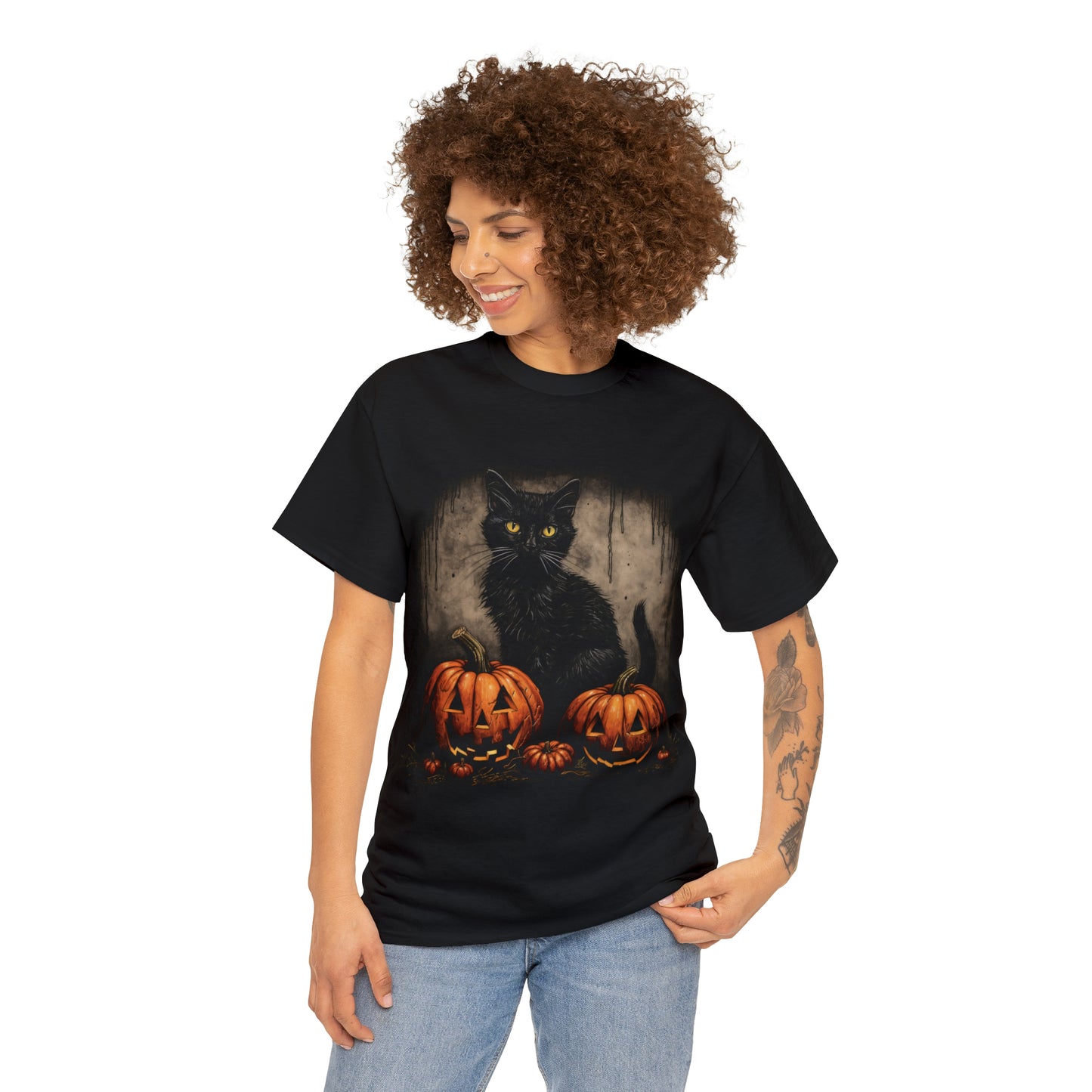 Halloween Black Cat Custom T-Shirt (Black/Navy)