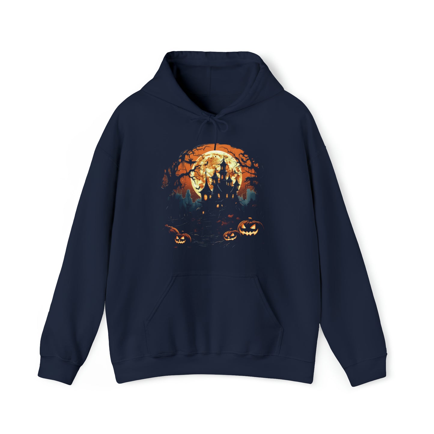 Halloween Haunted House Hooded Sweatshirt Front Navy