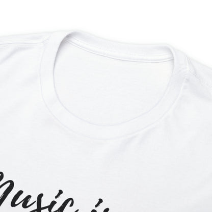 Music is my Therapy custom white T-Shirt front collar closeup