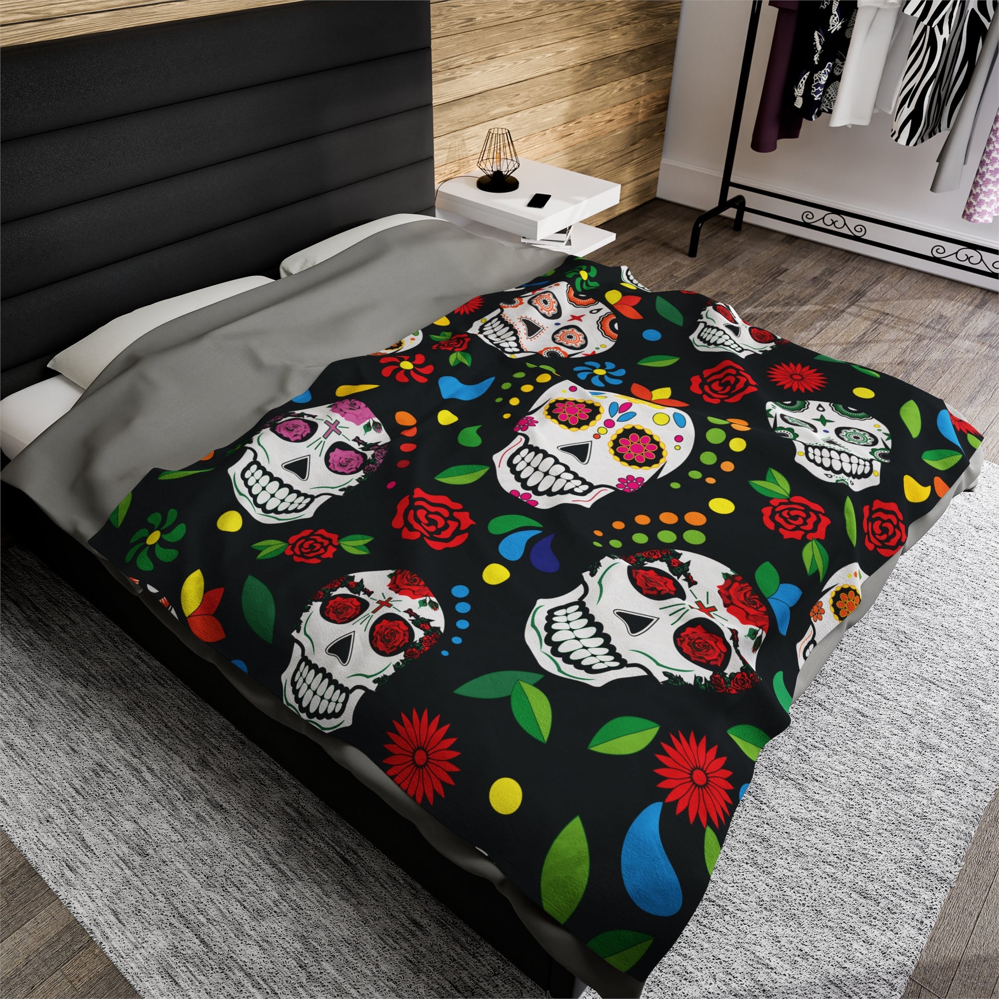 Sugar Skulls Velveteen Plush Patterned Blanket on large bed