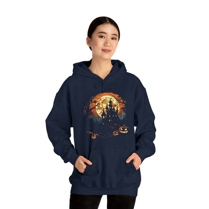 Woman Wearing Halloween Haunted House Hooded Sweatshirt Navy