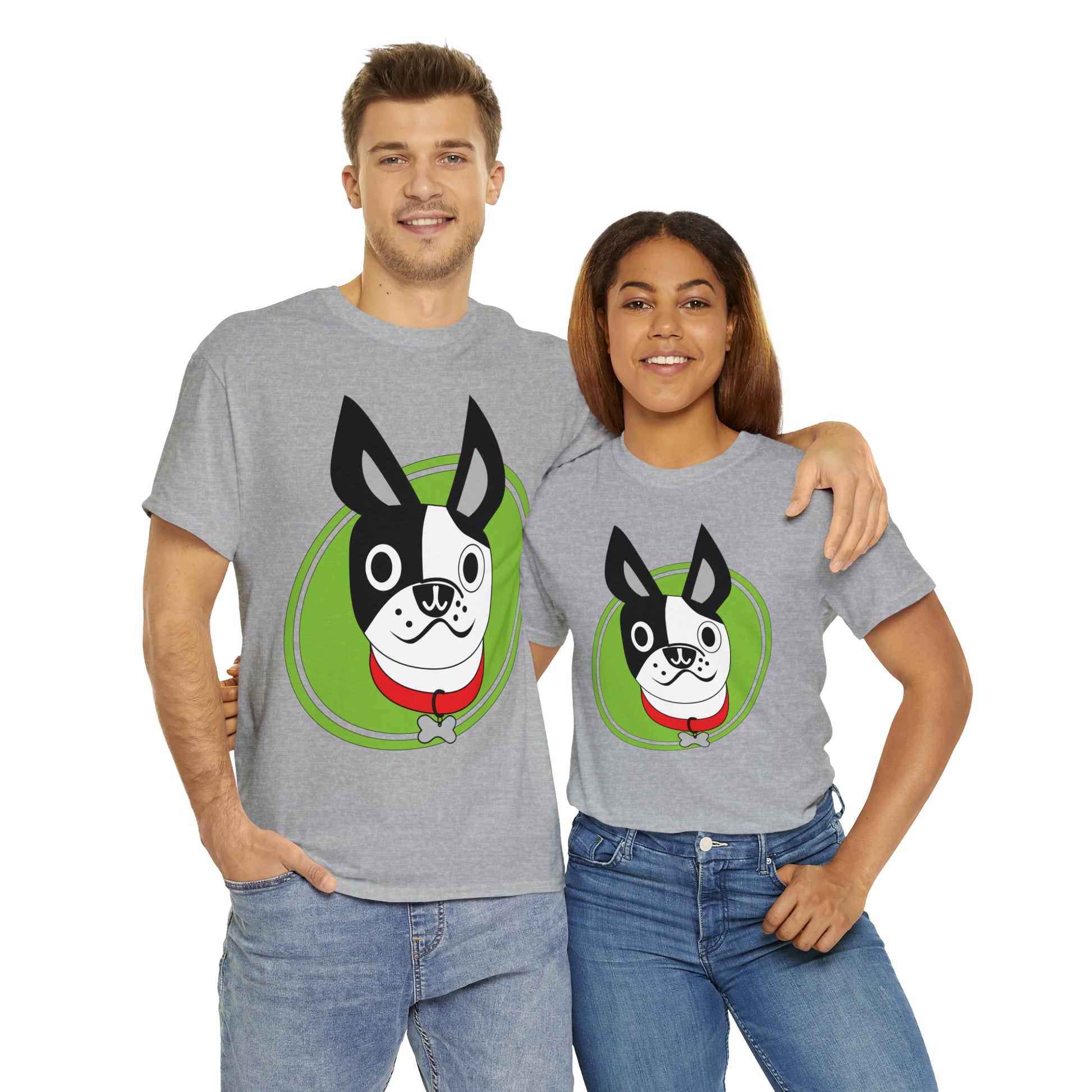 Boston Terrier Halfsie custom gray T-Shirt man and woman wearing shirt