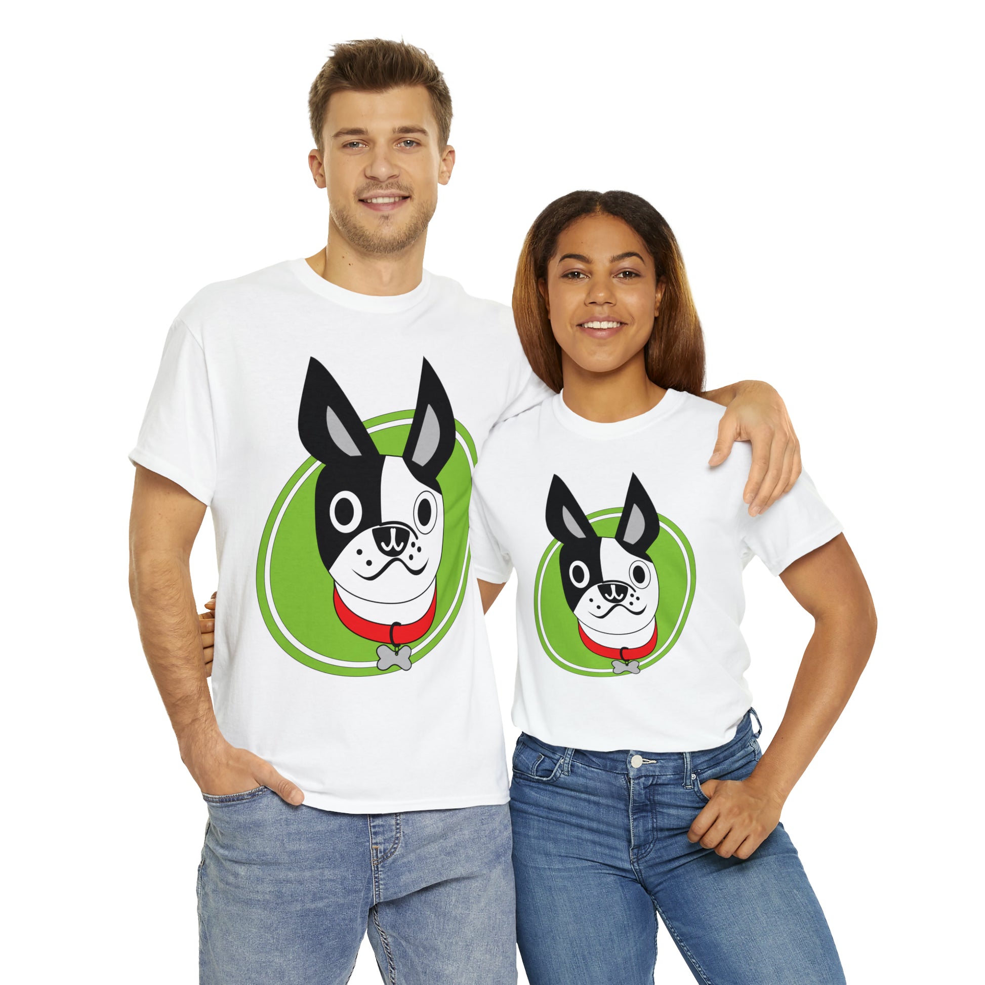 Boston Terrier Halfsie custom white T-Shirt man and woman wearing shirt