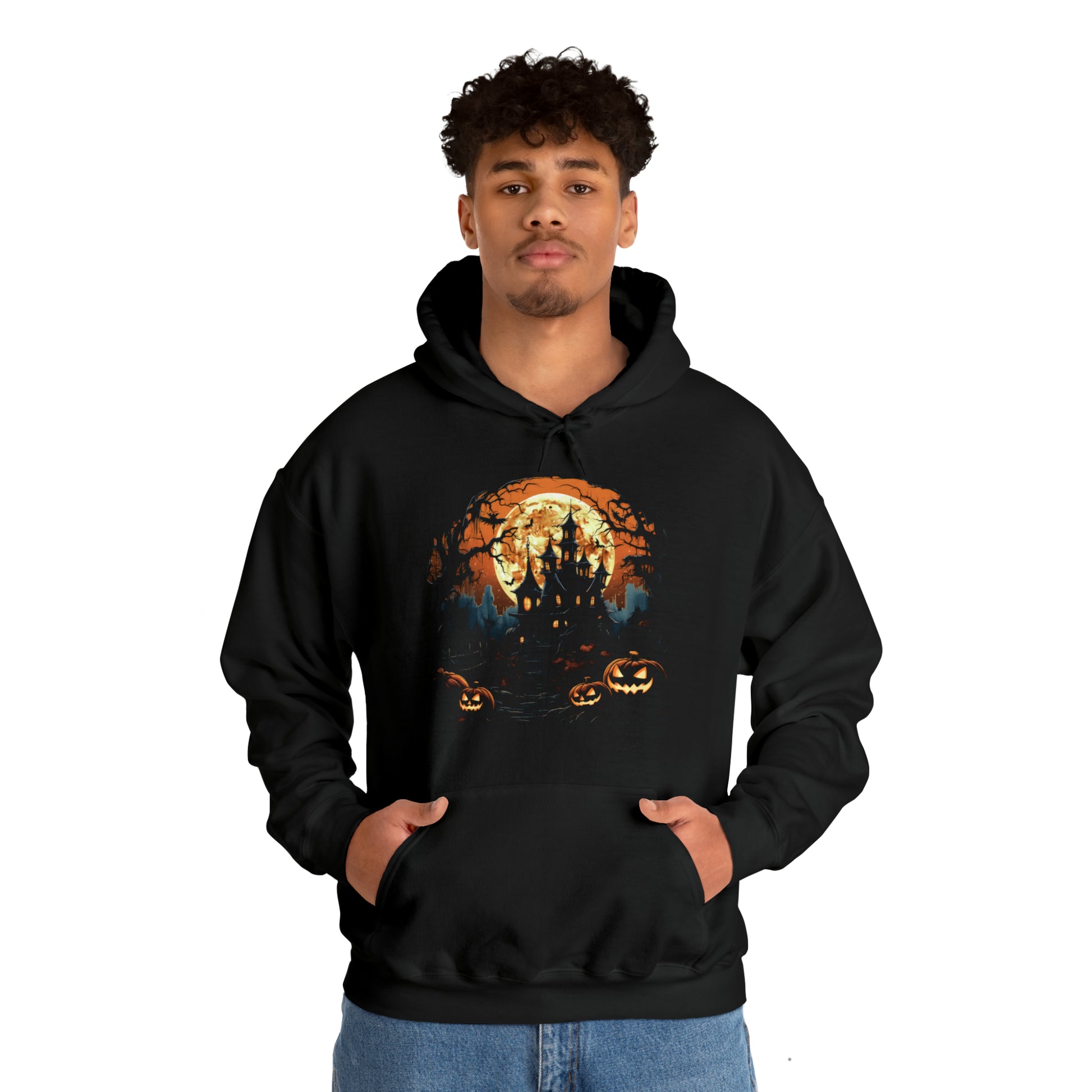 Man Wearing Halloween Haunted House Hooded Sweatshirt Black