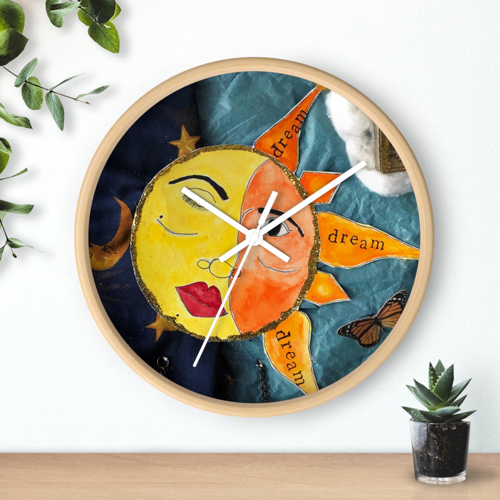 Celestial Circus Wooden Wall Clock with white hands