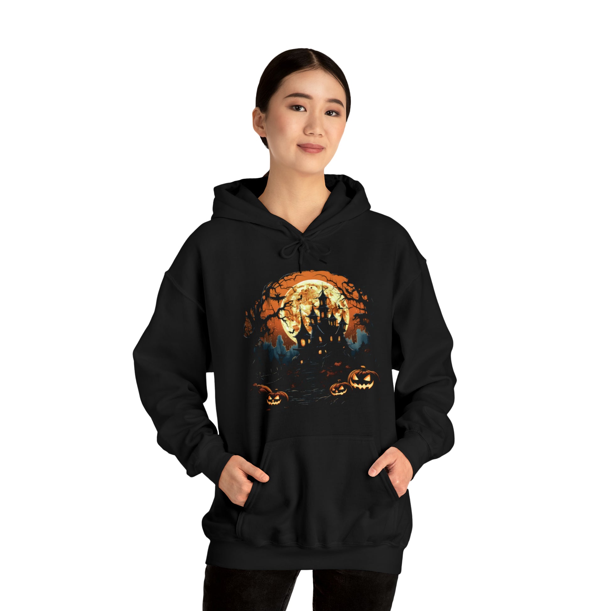 Woman Wearing Halloween Haunted House Hooded Sweatshirt Black