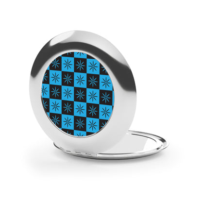 Black & Blue Mid-century Style Checkerboard Compact Cosmetic Travel Mirror with Atomic Starbursts