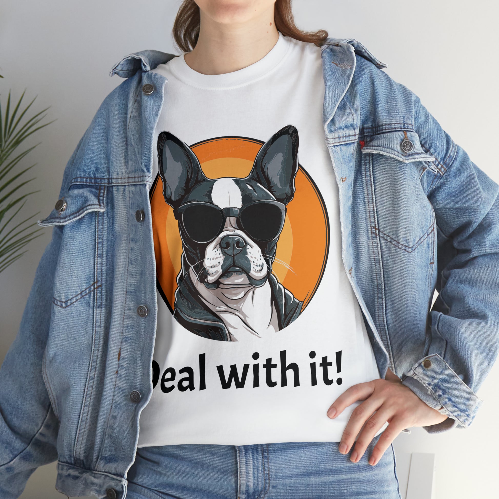 Deal With It custom white Boston Terrier T-Shirt lifestyle image