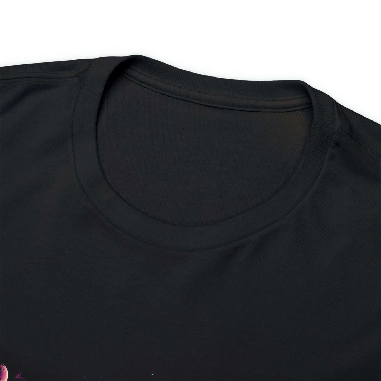 Alien Planets custom black T-Shirt front collar closeup
