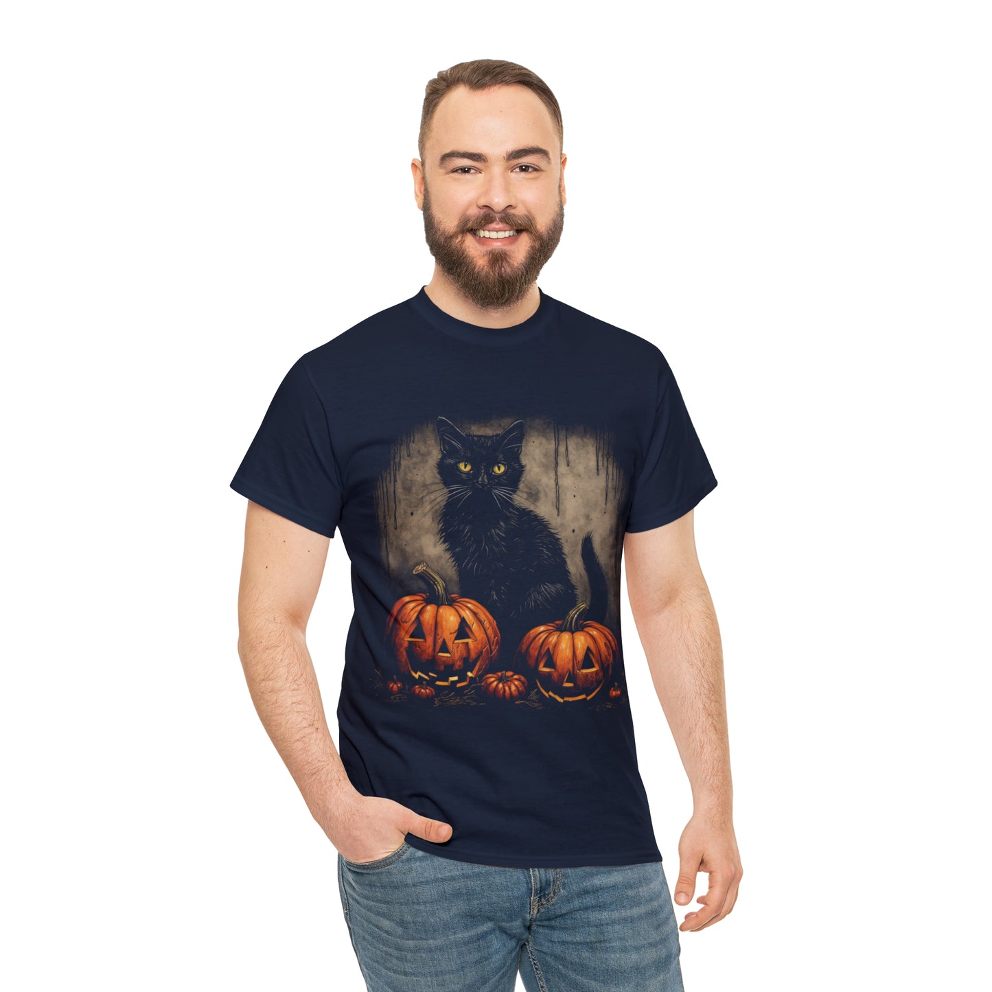 Halloween Black Cat Custom T-Shirt (Black/Navy)