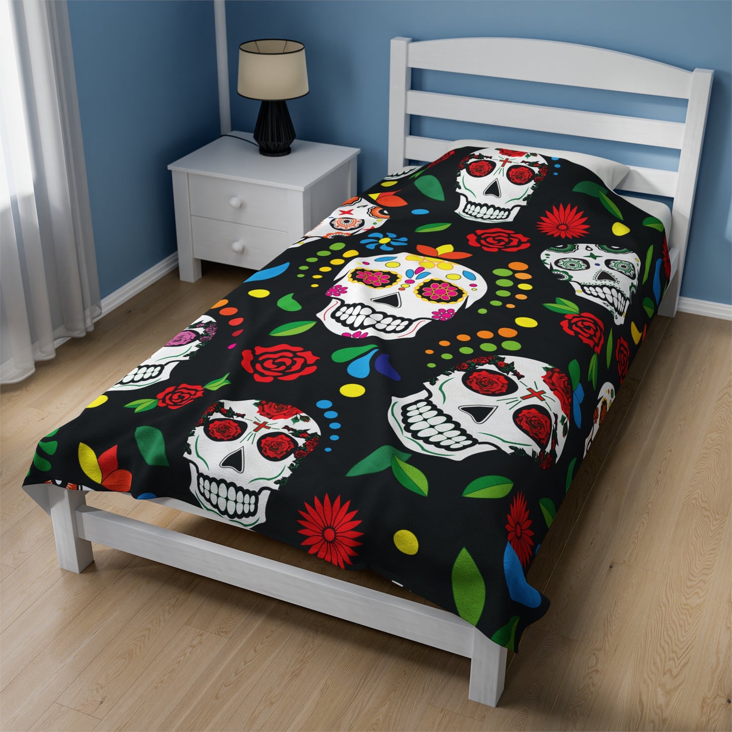 Sugar Skulls Velveteen Plush Patterned Blanket on small bed