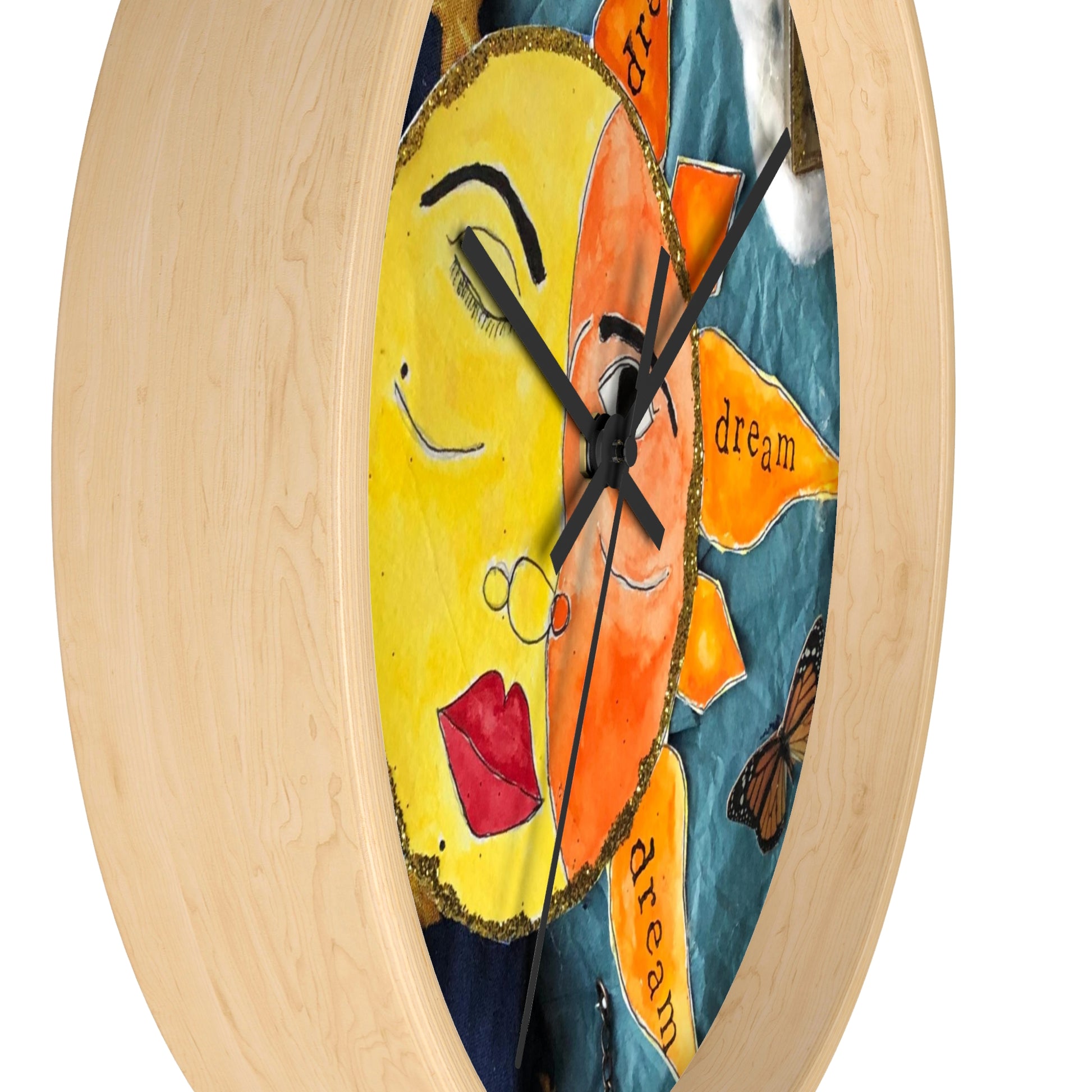 Celestial Circus Wooden Wall Clock with black hands Side View