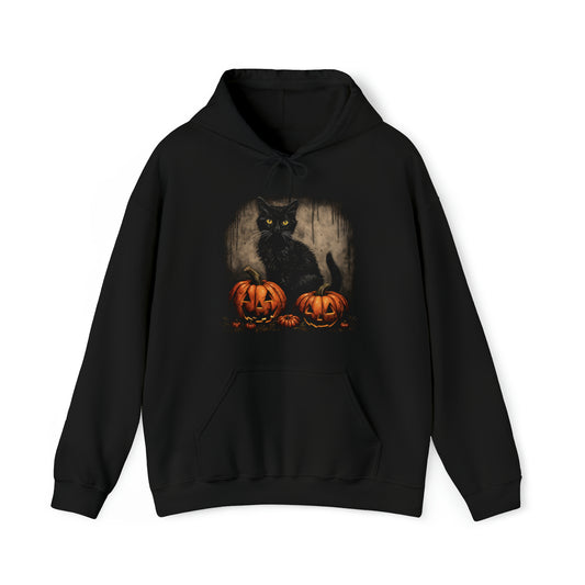 Halloween Black Cat Hooded Sweatshirt (Black/Navy)