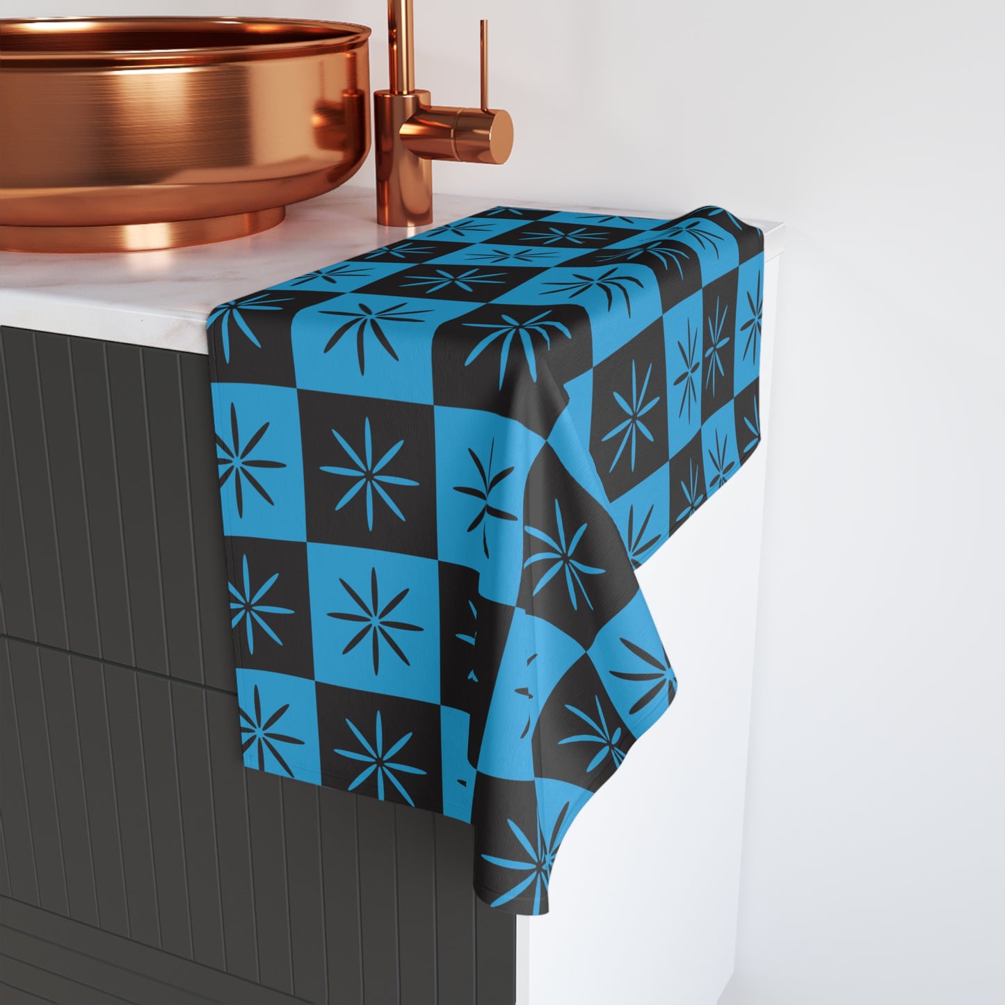 Black & Blue Mid-century Style Checkerboard Atomic Bath Hand Towel