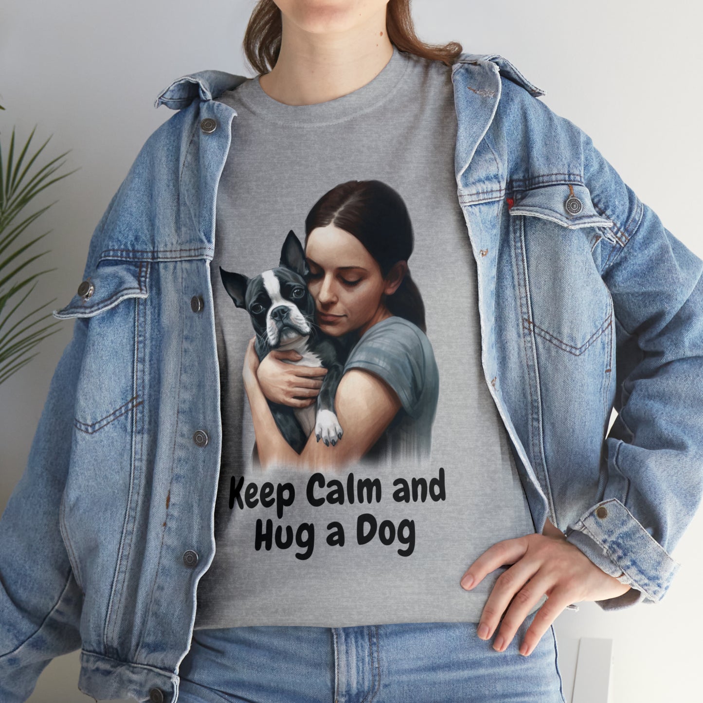 Keep Calm and Hug a Dog custom gray T-Shirt lifestyle image featuring a woman hugging a Boston Terrier