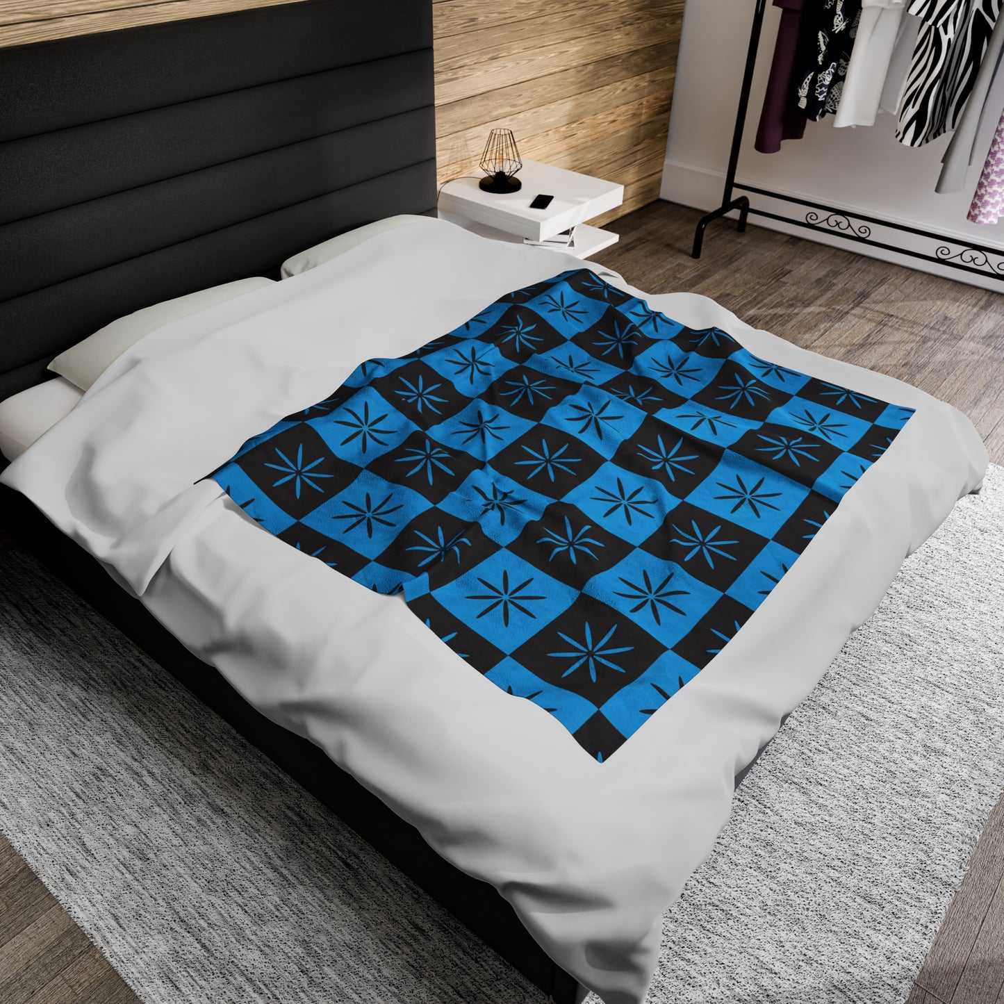 Black & Blue Mid-century Style Checkerboard Atomic Velveteen Plush Throw Blanket