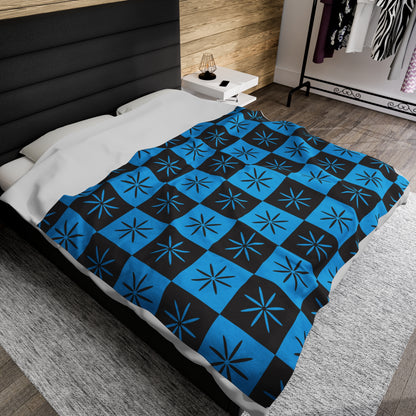 Black & Blue Mid-century Style Checkerboard Atomic Velveteen Plush Throw Blanket