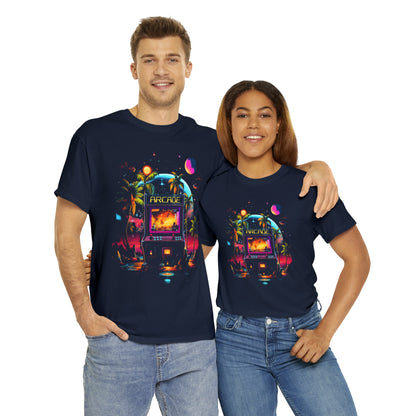 Arcade Paradise custom navy T-Shirt man and woman wearing shirt