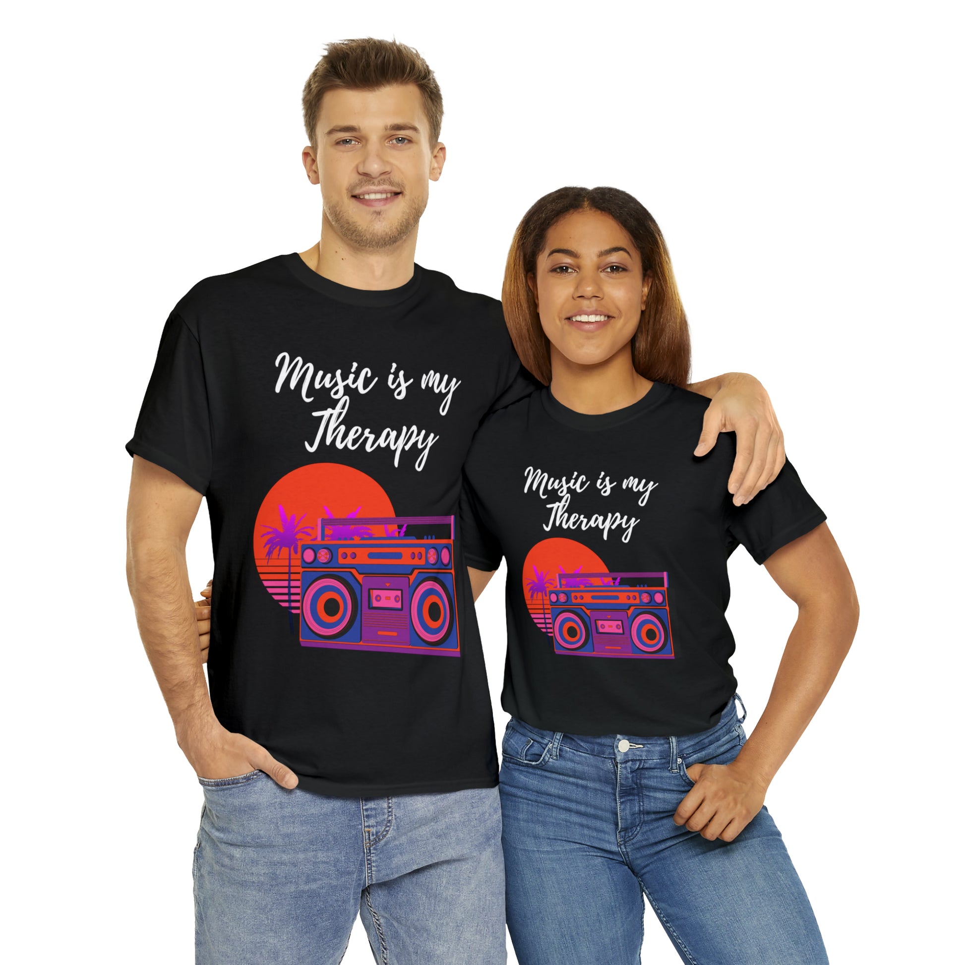 Music is my Therapy custom black T-Shirt man and woman wearing shirt