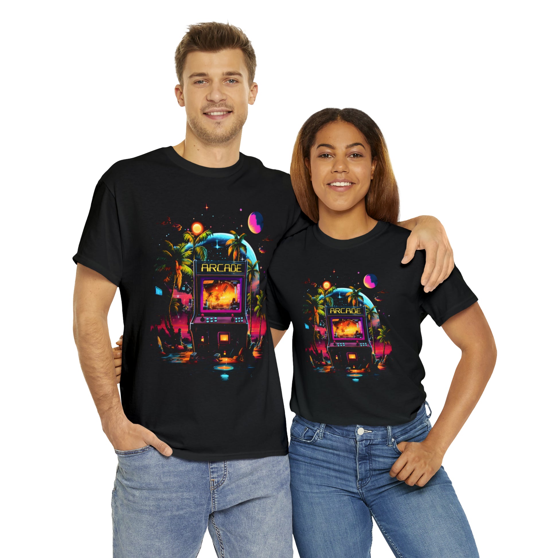 Arcade Paradise custom black T-Shirt man and woman wearing shirt