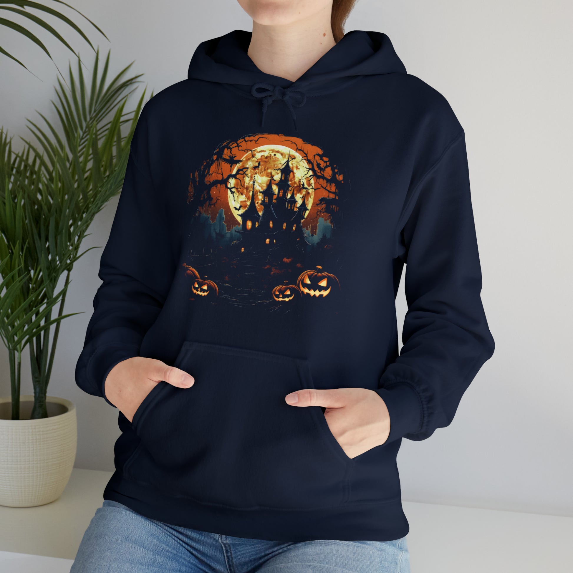 Lifestyle Image Halloween Haunted House Hooded Sweatshirt Navy