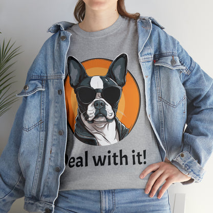 Deal With It custom gray Boston Terrier T-Shirt lifestyle image