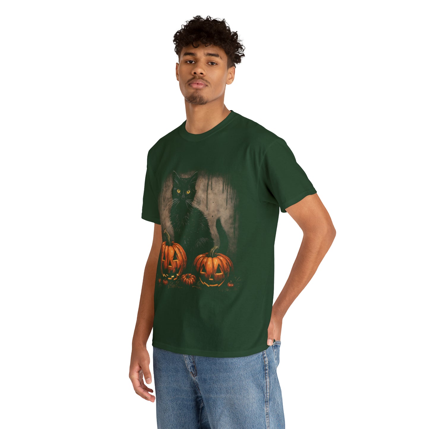 Halloween Black Cat Custom T-Shirt (Black/Navy)