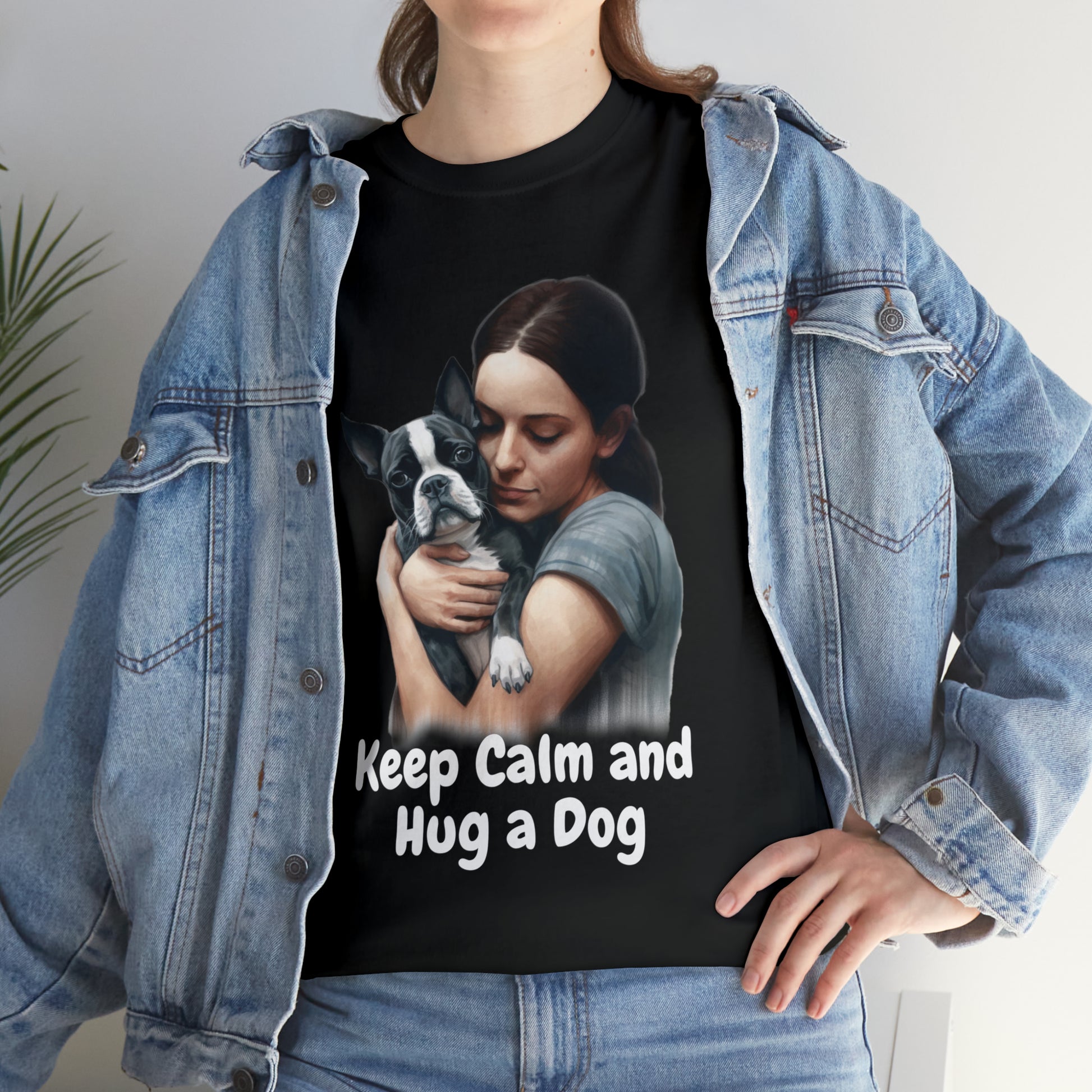 Keep Calm and Hug a Dog custom black T-Shirt lifestyle image featuring a woman hugging a Boston Terrier