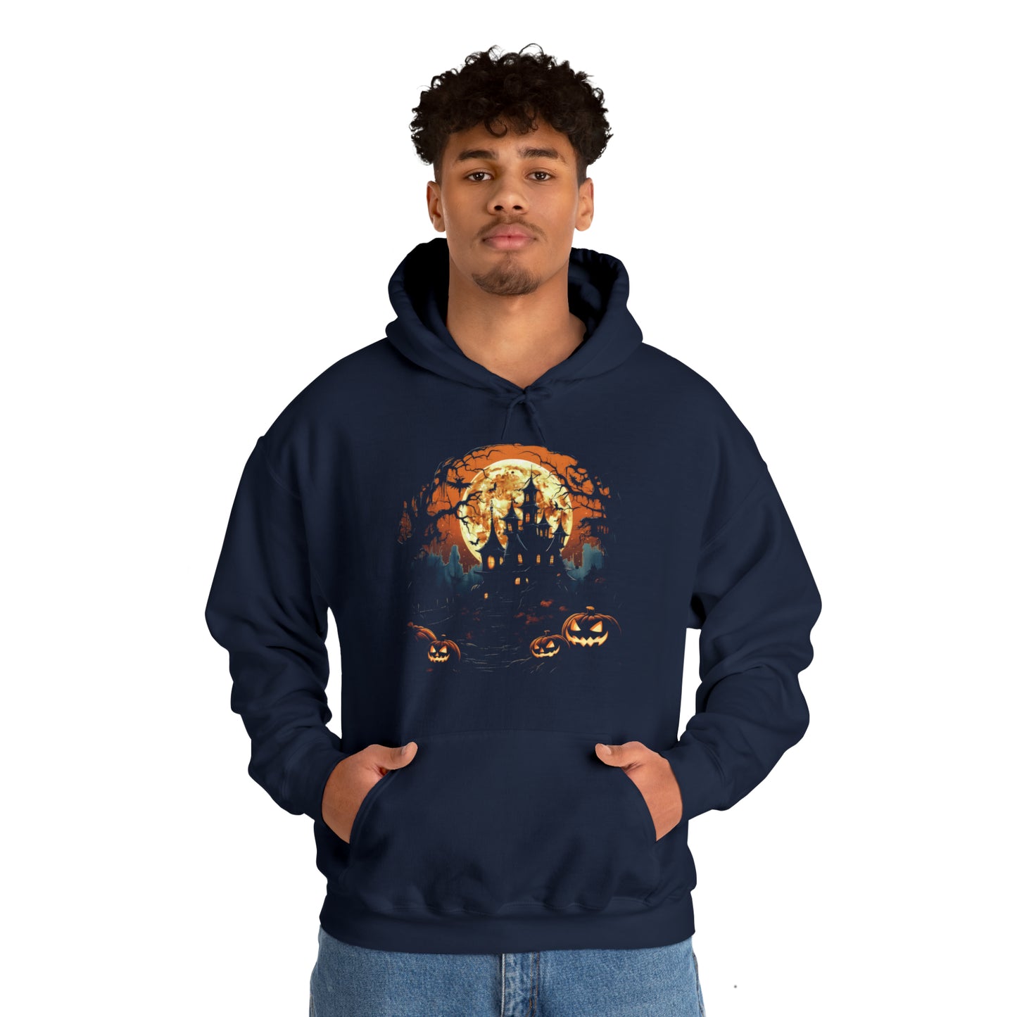 Man Wearing Halloween Haunted House Hooded Sweatshirt Navy