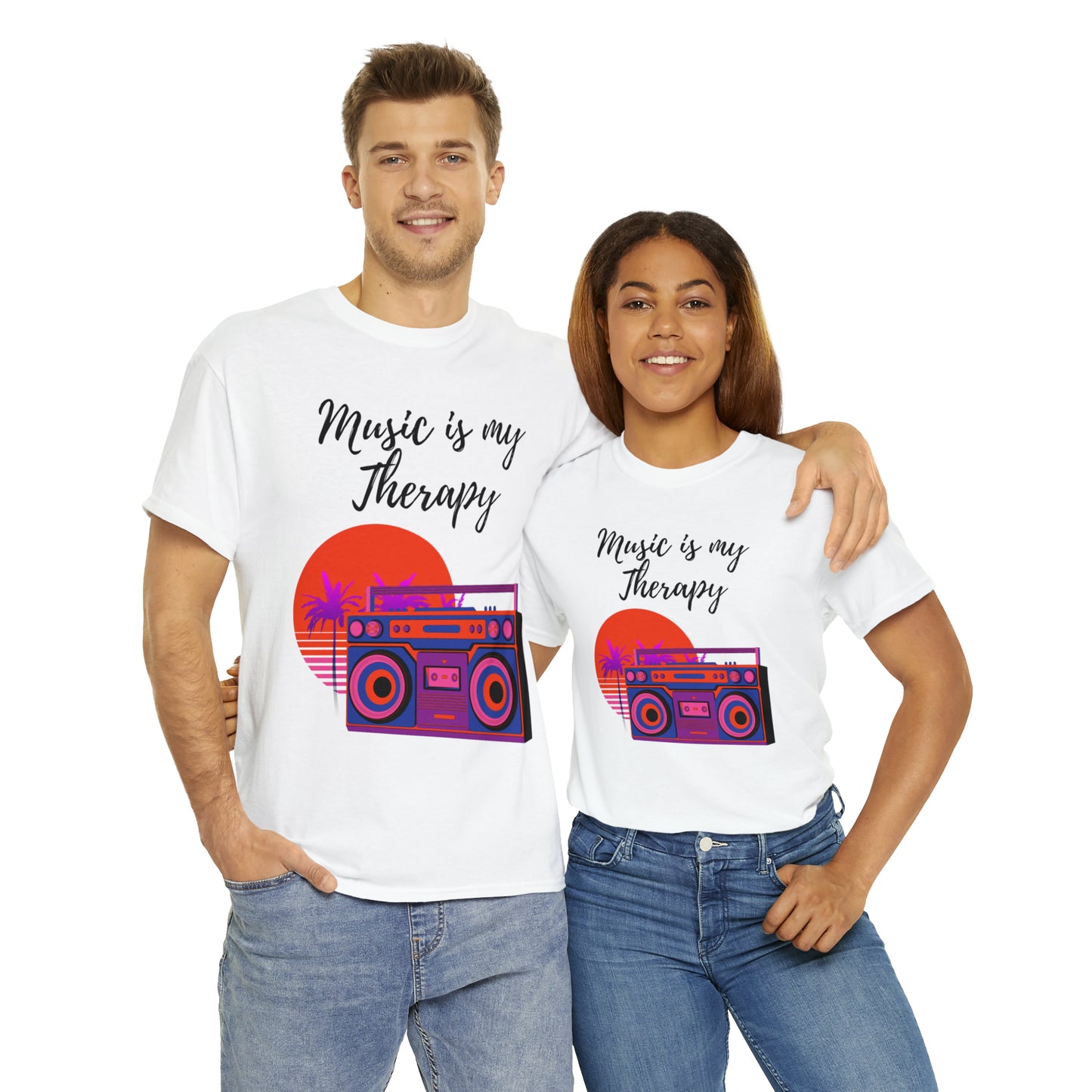 Music is my Therapy custom white T-Shirt man and woman wearing shirt