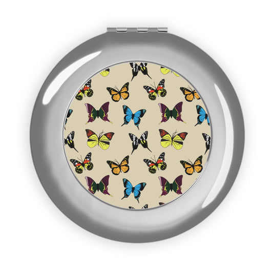 Butterfly-Print Silver Compact Cosmetic Travel Mirror