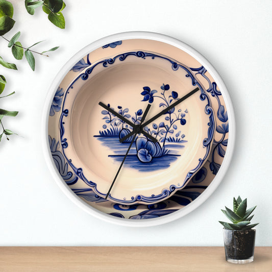 Classic Dutch Blue Delft Dish Scene Black White Wood-Border Wall Clock, Vintage-Themed Clock, Timepiece, Home Decor