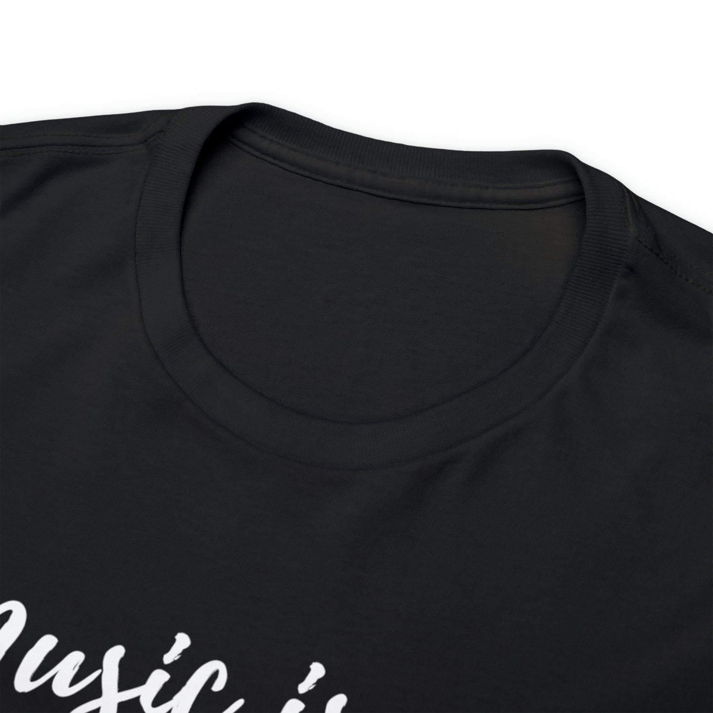 Music is my Therapy custom black T-Shirt front collar closeup