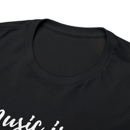 Music is my Therapy custom black T-Shirt front collar closeup