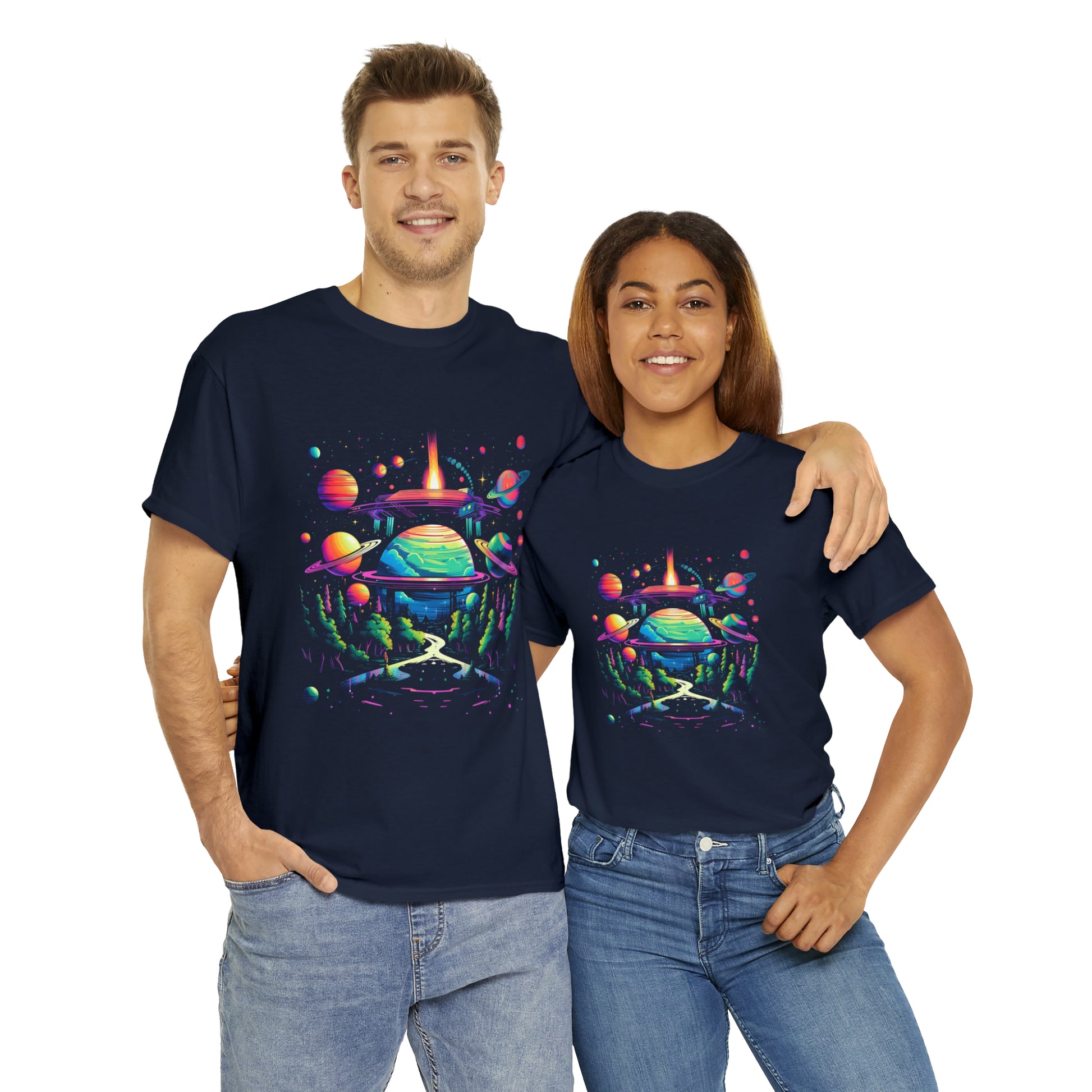 Space custom navy T-Shirt man and woman wearing shirt