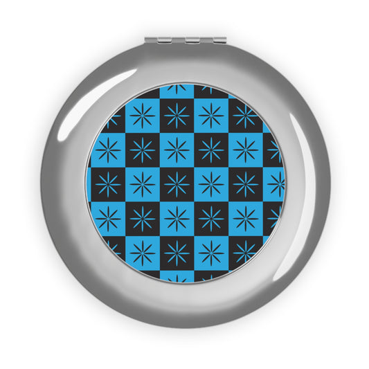 Black & Blue Mid-century Style Checkerboard Compact Cosmetic Travel Mirror with Atomic Starbursts